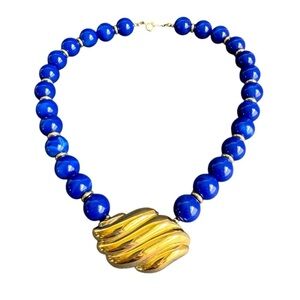 Vintage Blue Beaded Collar Necklace Chunky Gold Pendant 80s 90s Maximalist 18"